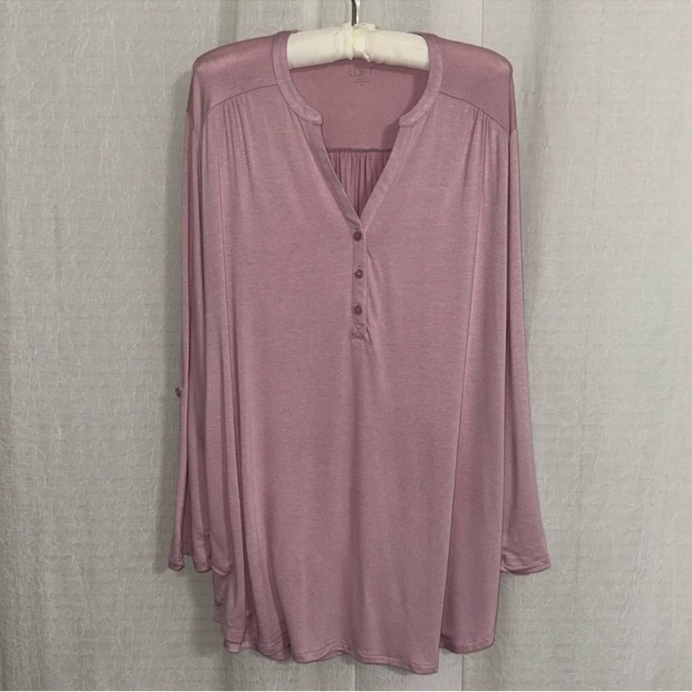 LOFT XL Pink Long Roll Up Tab Sleeve Three Button Front Collarless Top
